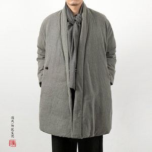
Chinese style men's slanted tilt improved Hanfu men's youth loose large-size cotton clothing cotton linen mid-length jacket warm clothing