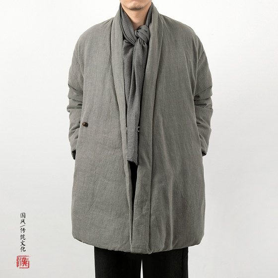 
Chinese style men's slanted tilt improved Hanfu men's youth loose large-size cotton clothing cotton linen mid-length jacket warm clothing