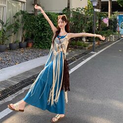 Vacation-Style Tassel Design Layered Hollow-Out Cover-Up Camisole Dress for Women 2026 Summer New Fashion Set