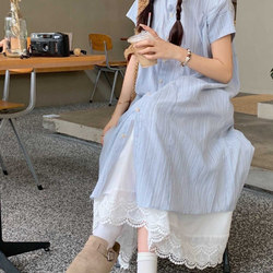 French-Style Sweet Striped Short-Sleeved Shirt Dress for Women, Summer Seaside Vacation Style, Loose and Slimming A-Line Skirt