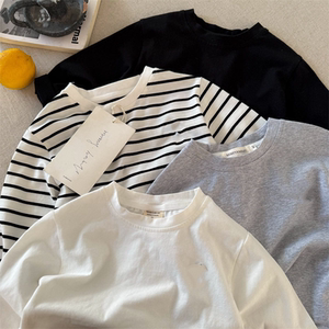 
Boys' long-sleeved bottoming shirt with striped inner embroidery baby pure cotton T-shirt thin 26 spring children's round neck T-shirt elastic