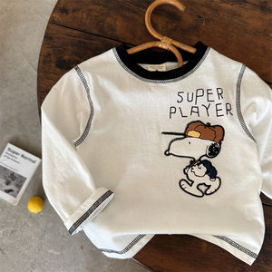 
Boys long-sleeved T-shirt Spring and Autumn Cartoon Print Contrast Color Pure Cotton Baby Bottom Shirt 25 Autumn Small and Medium T-shirt Loose