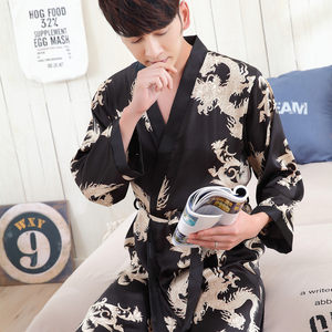 Pajama men's ice silk spring and autumn summer long sleeved thin sexy silk bathrobe men's oversized long pajama home clothing