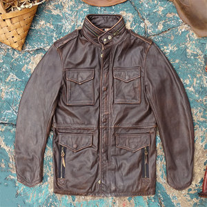 
Bangladeshi tea core rub color old cowhide leather genuine leather jacket for men M65 multi-pocket hunting suit men