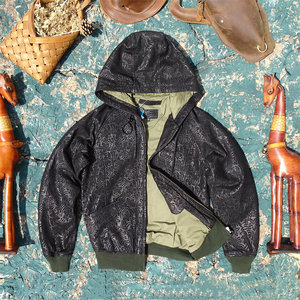 
French uncoated top-layer goatskin laser engraving pattern genuine leather leather jacket men's Japanese version Y-2 hooded raglan sleeves