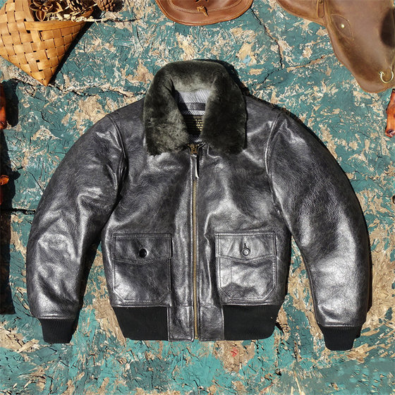 
G1 navy submarine officer style white tea heart black blue first layer cowhide genuine leather jacket for men and women with detachable wool collar