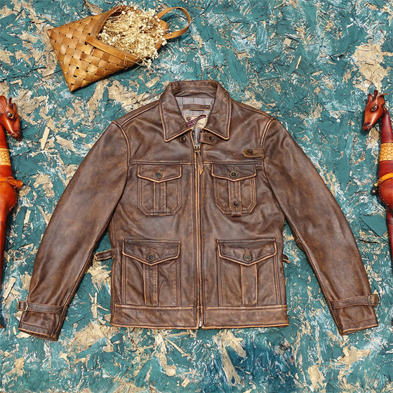 
Jason Statham Suicide Squad model! Rubbed old Bengal tea core calf leather leather jacket men's short hunting jacket