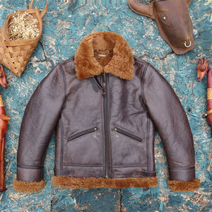 
Upgraded zippered pocket version B3 thickened Teddy brown sheepskin fur integrated leather leather jacket men's warm flight suit