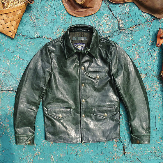 
Oil wax green soft horse leather genuine leather jacket for men's small gate miniature cover slim fit and slim oil wax retro jacket