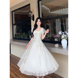 French-Style Sweet Two-Piece Short-Sleeve Dress for Women, Summer High-End Elegant Waist-Cinching Petite Fairy Long Dress