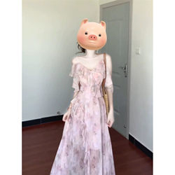 French Floral Off-Shoulder Suspender Dress for Women, Summer Seaside Vacation, High-End, Elegant, Waist-Cinching, Stunning Long Dress