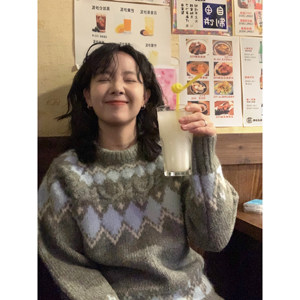 
ifbeer wool grey fairido pattern sweater jacquard pullover loose top for women autumn and winter retro Korean version