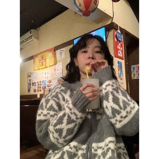 
ifbeer retro jacquard lapel zipper loose grey sweater jacket cardigan women ins winter top knitted sweater