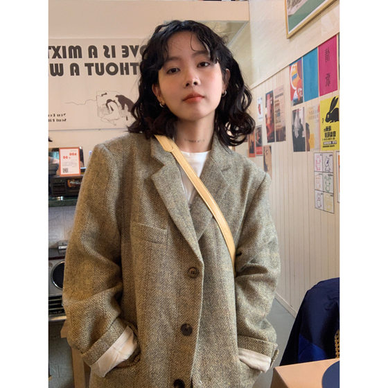 iFBeer Korean version of human character pattern 50 wool hair woolen suits outer jacket women's high -level sense thickened retro jacket autumn and winter
