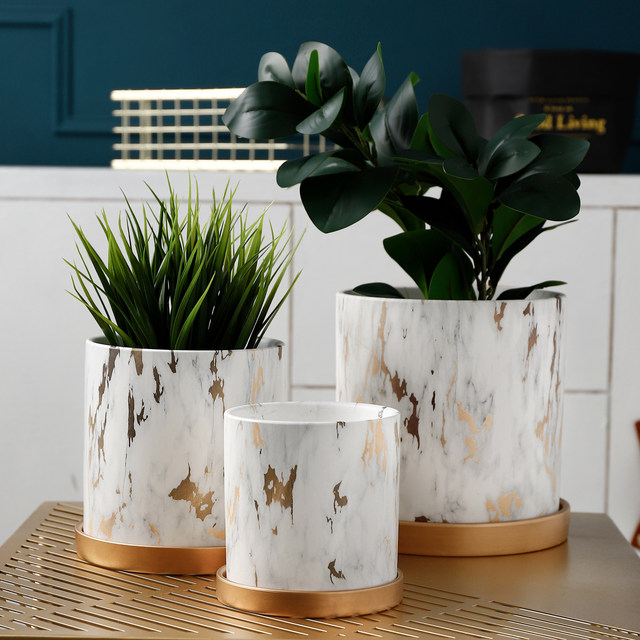 ins ceramic marble pattern with gold art flowerpot modern simple succulent Phalaenopsis tulip Nordic style