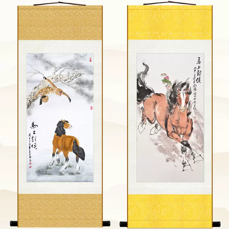 馬上封侯圖奔馬駿馬猴子絲綢掛畫復古書房客廳裝飾畫玄關卷軸畫-Taobao 