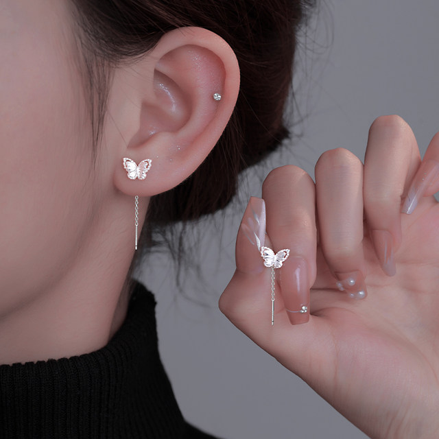 Miss Z 999 silver butterfly ear wire temperament niche design high-end ear piercing square round face earrings 2025 new style