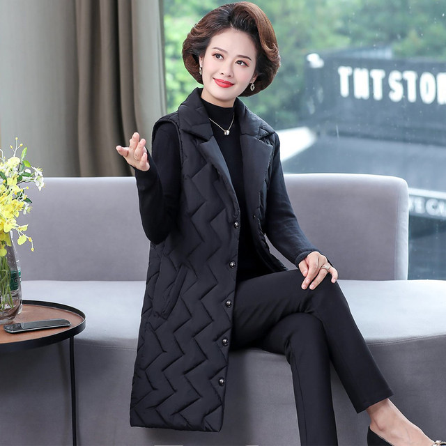 Autumn and winter new products, middle-aged women's long down cotton vest, foreign style mother's thickened outer suit collar, waistcoat and waistcoat