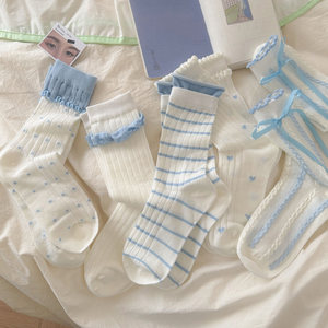 
Socks that pill, spring and summer thin women's mid-calf socks, cute Japanese striped love fungus-edged cotton socks