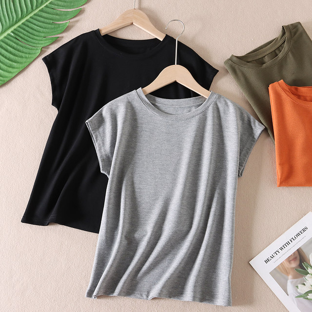 Dropped shoulder sleeve T-shirt women's summer thin solid color ...