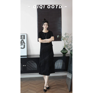 
Qiyuanjia large size tassel design round neck short-sleeved dress 2026 summer new commuter slim mid-length dress