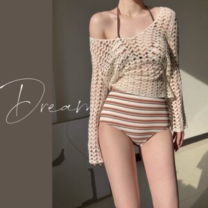 
Honey Dream swimsuit women's lazy striped bikini three-piece knitted hollow blouse split off-shoulder slimming outfit