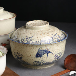 Japanese-Style Ceramic Large Bowl with Lid, Creative Underglaze Color Ramen Bowl, Instant Noodle Bowl with Lid, Household Soup and Stew Large Bowl