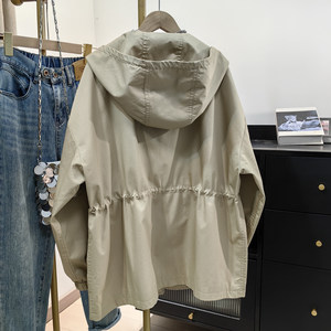
Khaki hooded windbreaker jacket for women spring and autumn new Korean casual loose drawstring waist slim and versatile top