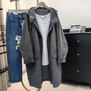
High-end gray hooded pure cotton windbreaker for women's mid-length Korean casual lazy loose top large coat