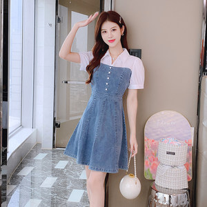 
Fake two-piece denim dress for women in summer 2025 summer new short-sleeved shirt collar spliced to make them look slim A-line denim skirt