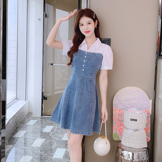 
Fake two-piece denim dress for women in summer 2025 summer new short-sleeved shirt collar spliced to make them look slim A-line denim skirt