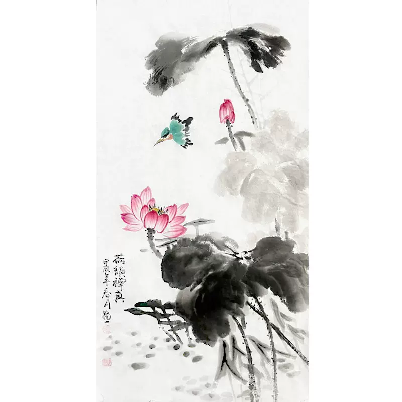 荷花国画纯手绘三尺竖幅水墨写意花鸟字画作品客厅玄关走廊装饰画-Taobao