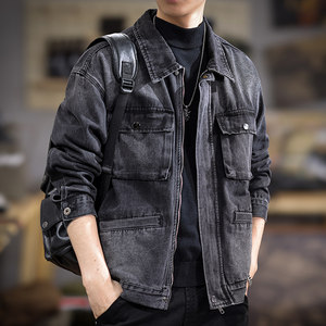 High-end trendy zipper design denim jacket men's loose large-size lapel top spring new black jacket