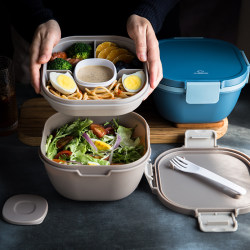 Coron Multifunctional Large-Capacity Salad Bowl, Microwaveable Lunch Box, Instant Noodle Bowl, Double-Layer Compartmented Bento Lunch Box