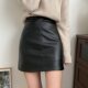 Black a-line skirt, small leather skirt, skirt for women, autumn versatile slim-fitting hip-hugging slimming one-step skirt pu leather short skirt