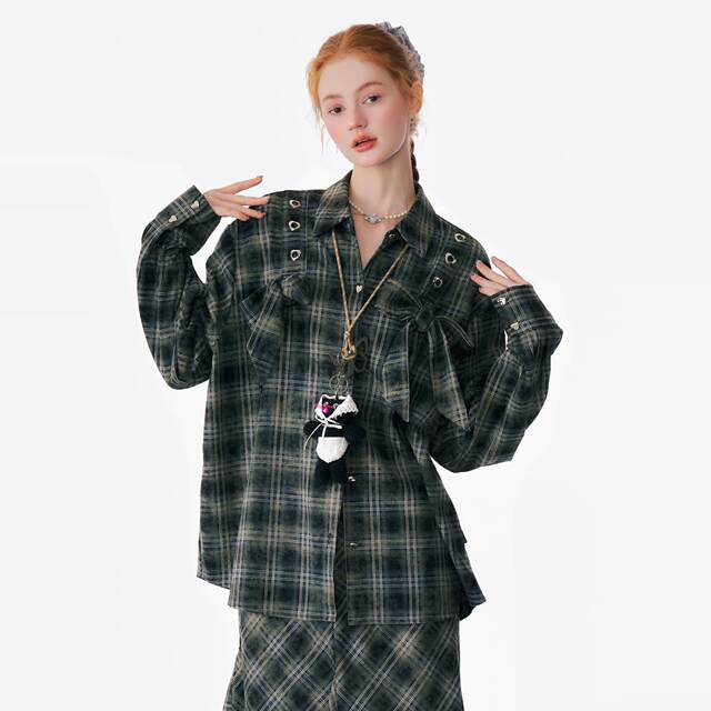 ziziFei autumn and winter retro design bow plaid thickened loose plaid shirt jacket for women