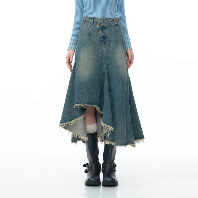 ziziFei American style irregular skirt mid-length high-waisted slim blue denim skirt for women
