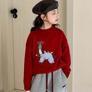 
Girls red sweater 2026 winter new style boys New Year shirt round neck pullover top children New Year sweater