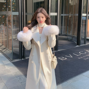 Byyou Winter cuff fox foxes thick wool white hairy woolen woolen women's medium long waist woolen coat
