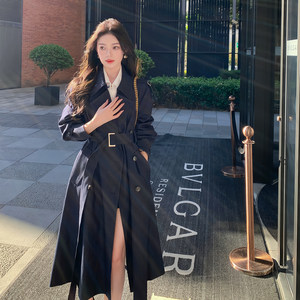 
ByYou 2025 new British style dark blue waist-closing windbreaker jacket for women, slimming over-knee long casual coat