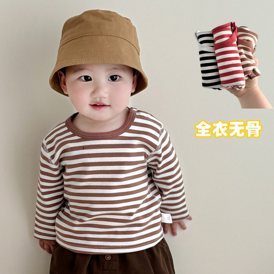 
Banner's House Men and Women's Spring and Autumn Stretch Boneless Infant Bottom Shirt T-shirt Children's Round Collar Striped Long Sleeve