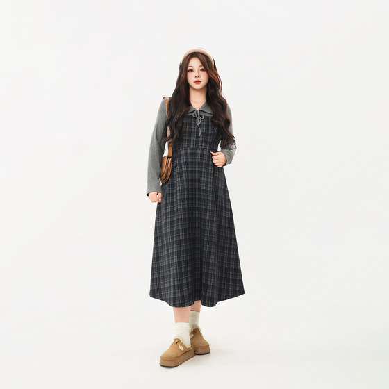 
120*0.5kg Dayang large size fat mm plaid splicing dress autumn and winter temperament waist A-line woolen long skirt for women