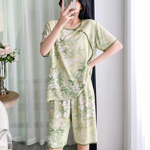 
Chinese style short-sleeved shorts cotton silk pajamas for women in summer artificial cotton silk thin new Chinese style cool home clothing