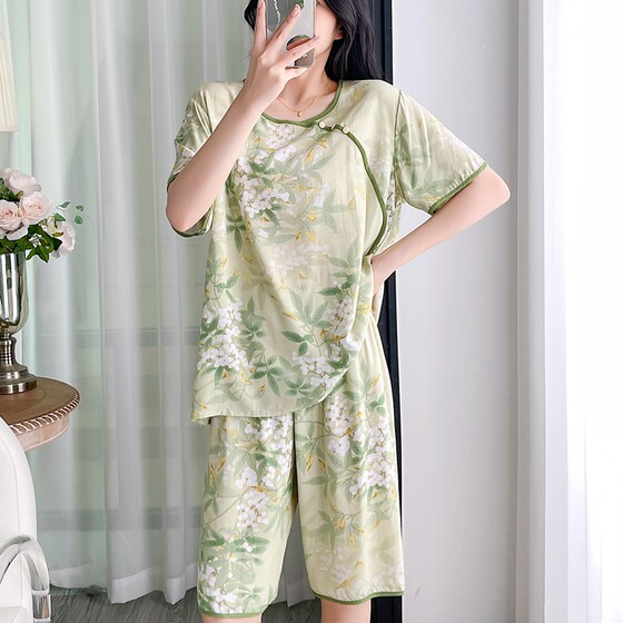 
Chinese style short-sleeved shorts cotton silk pajamas for women in summer artificial cotton silk thin new Chinese style cool home clothing