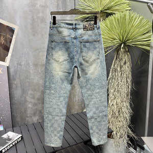 
Spring and summer style light luxury old money elastic slim fit small feet washed all over printed simple European personality jeans for men