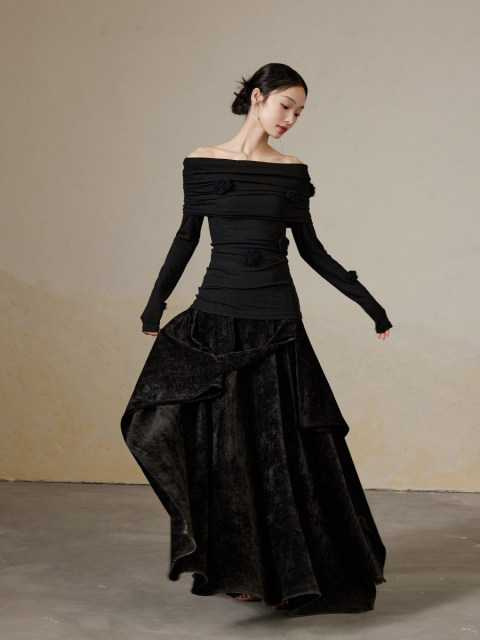 ONMOON Autumn and winter irregular velvet a-line skirt 2024 new versatile draped warm long skirt for women