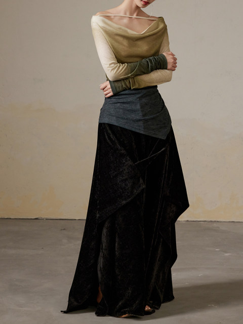 ONMOON Autumn and winter irregular velvet a-line skirt 2024 new versatile draped warm long skirt for women