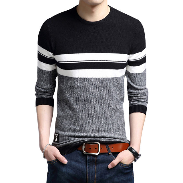 New round neck striped color-blocked sweater men's thin bottoming shirt ...