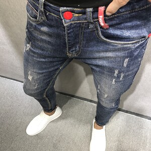 Chao Men's Autumn and Winter New Korean Edition Slim Retro Make Old Blue Cat Nine -point Nine -foot Jeans Society Society Fast