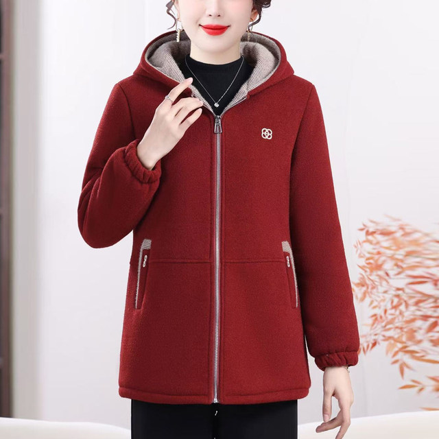 
Middle-aged and elderly mother's winter clothing plus velvet thickened jacket for women, fashionable, warm, casual cotton clothing, hooded top for women
